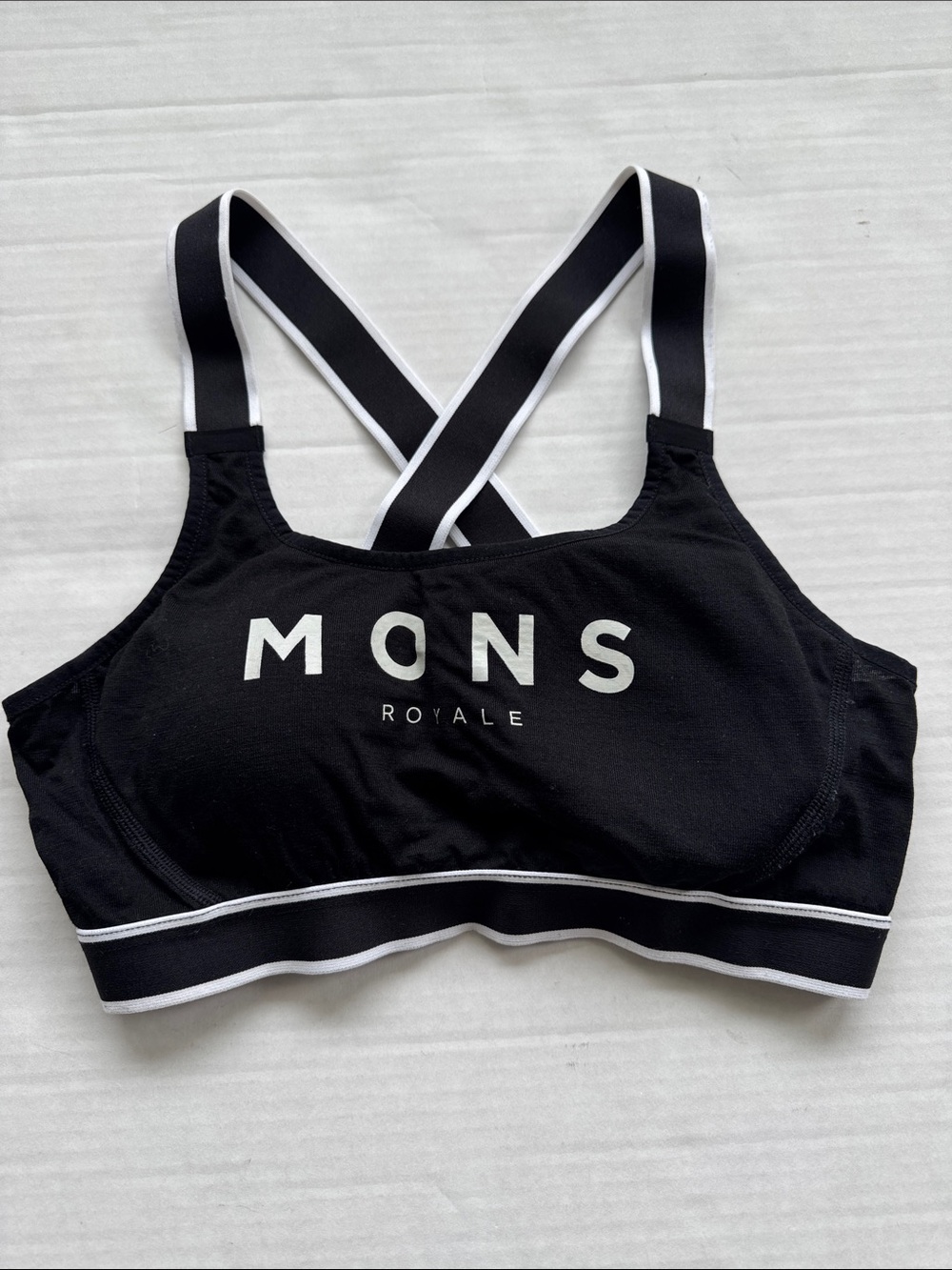 Mons Royale Merino Blend Black Sports Bra with Contrast Trim Size Small